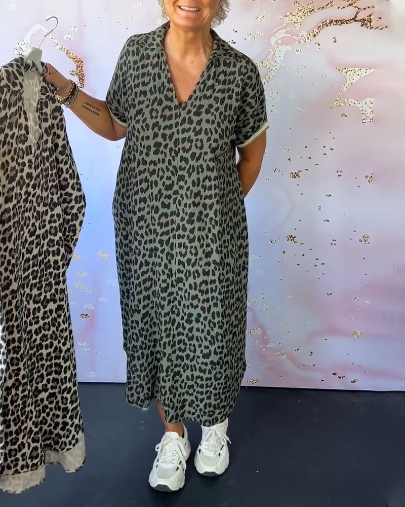 Short Sleeve Dress with V-Neck and Leopard Pattern