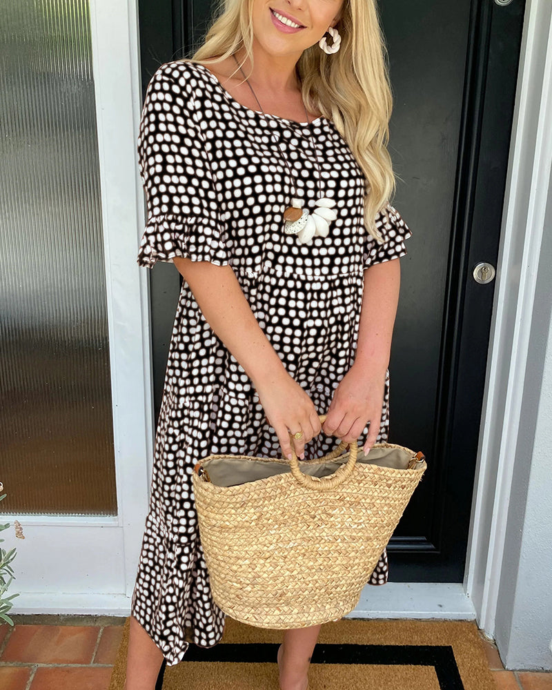 Polka Dot Midi Dress with a Round Neckline