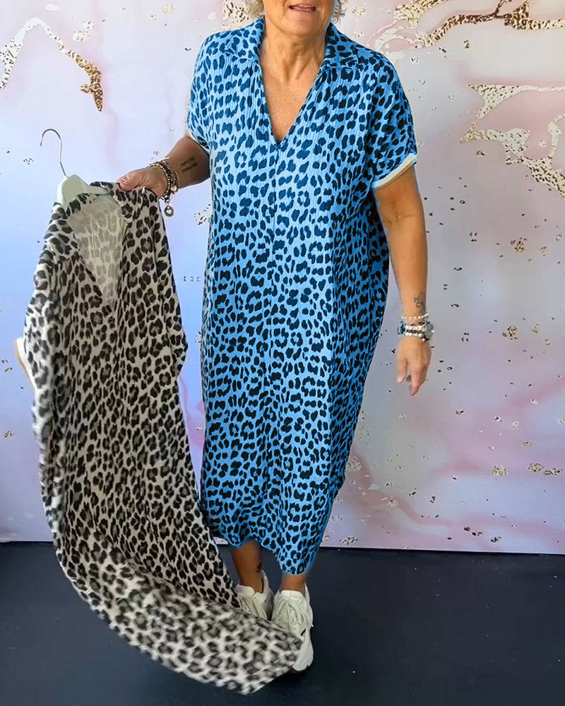 Short Sleeve Dress with V-Neck and Leopard Pattern