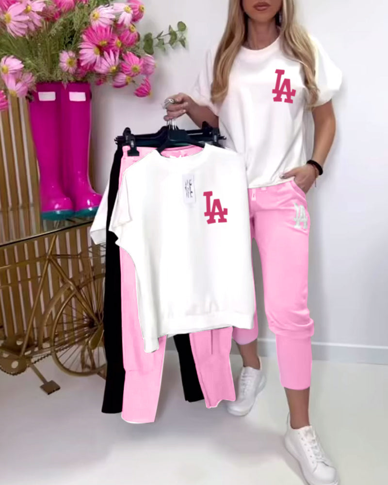 Sporty Letter Print Slim Pants Set