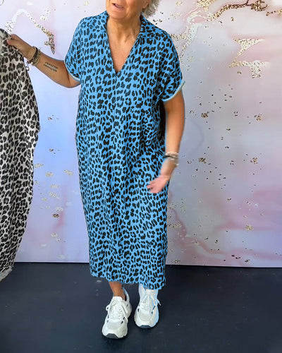 Short Sleeve Dress with V-Neck and Leopard Pattern