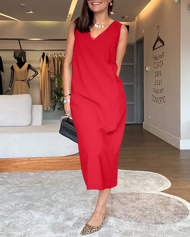Casual Solid Color Sleeveless V-Neck Dress with Slit