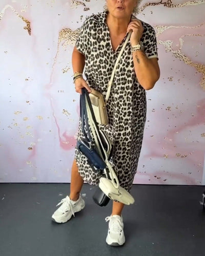 Short Sleeve Dress with V-Neck and Leopard Pattern