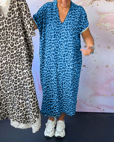 Short Sleeve Dress with V-Neck and Leopard Pattern