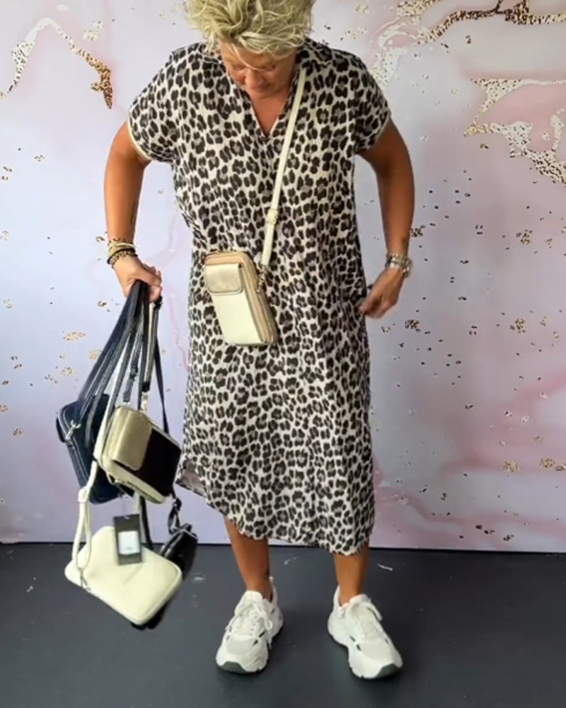 Short Sleeve Dress with V-Neck and Leopard Pattern