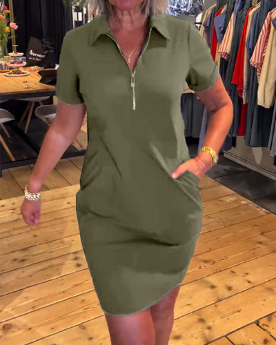Zipper Dress with Leaf-Shaped Collar