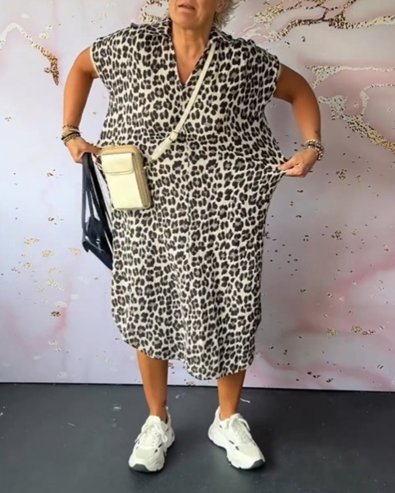 Short Sleeve Dress with V-Neck and Leopard Pattern