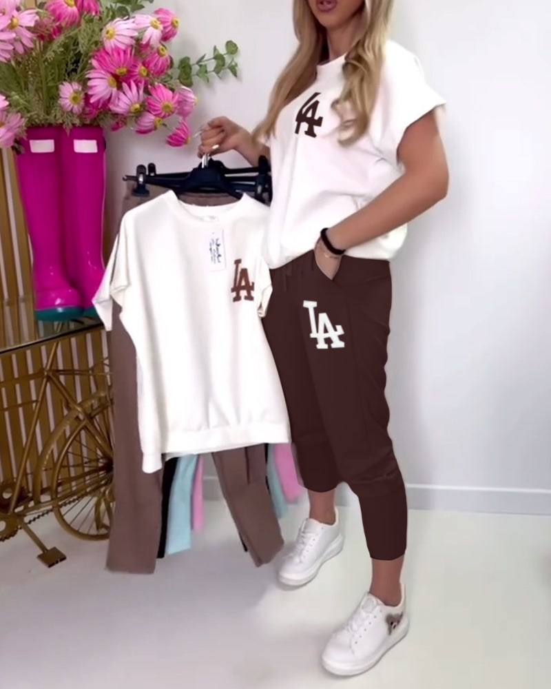 Sporty Letter Print Slim Pants Set