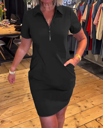 Zipper Dress with Leaf-Shaped Collar