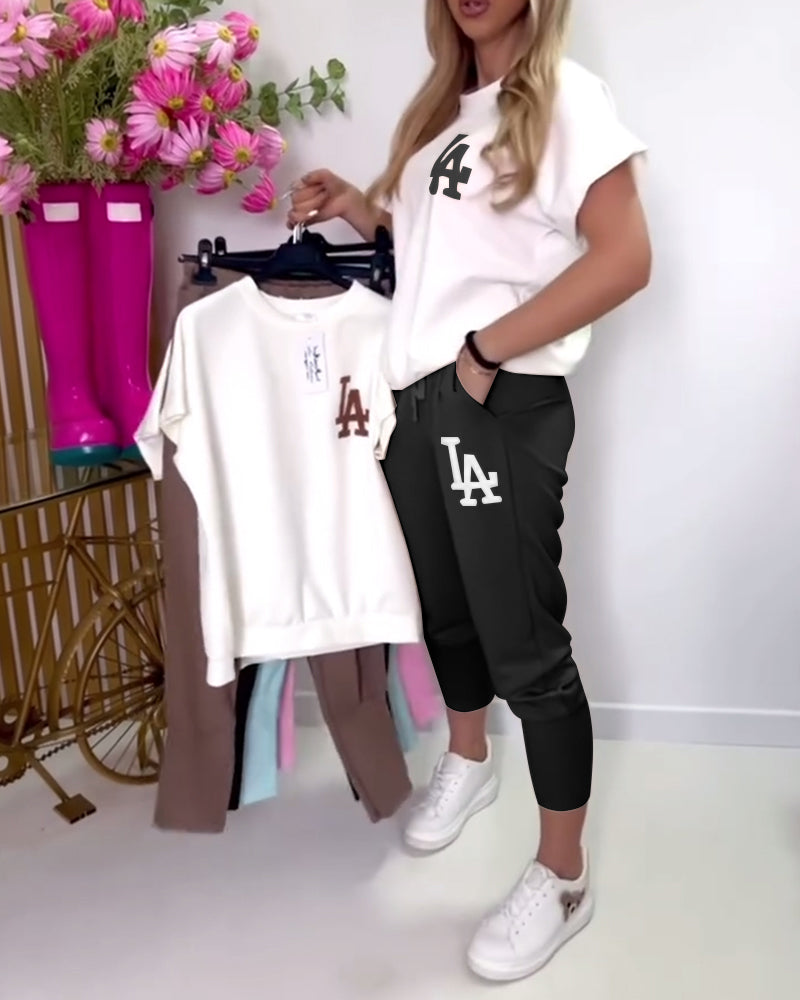 Sporty Letter Print Slim Pants Set
