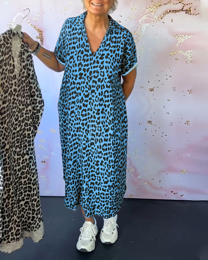 Short Sleeve Dress with V-Neck and Leopard Pattern