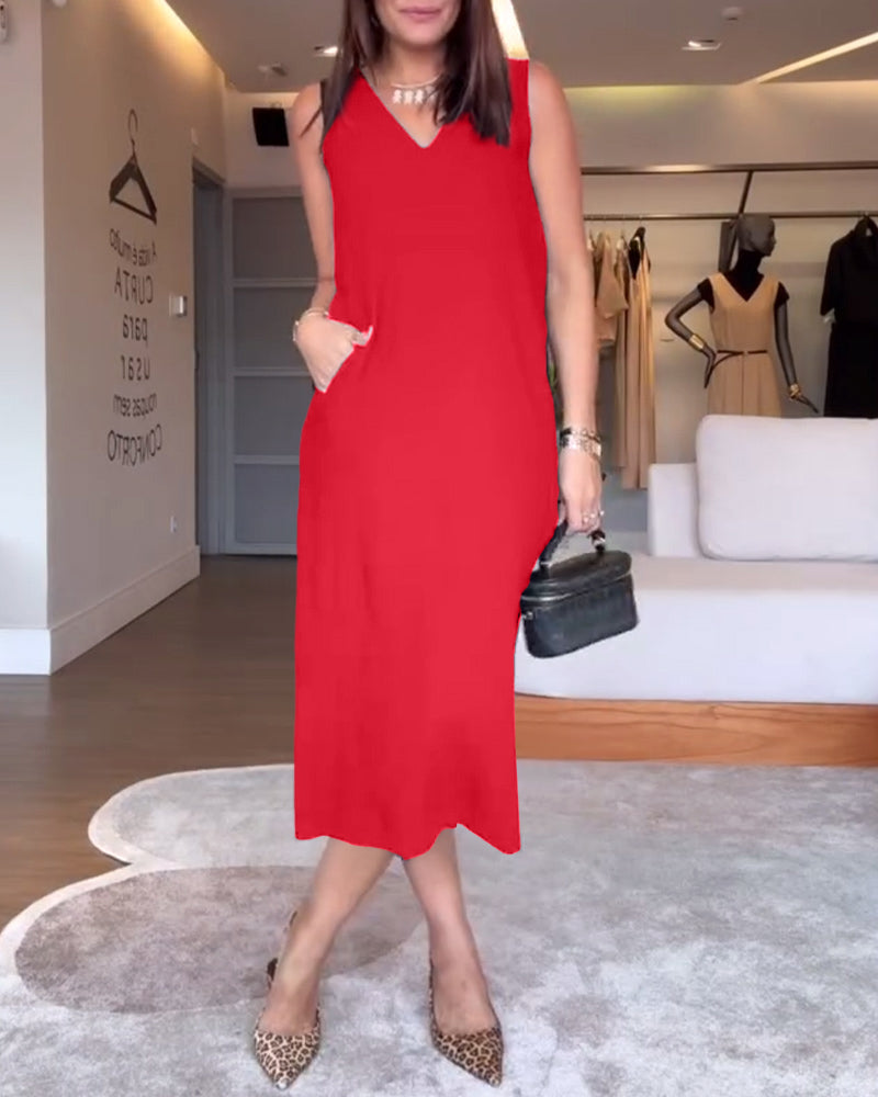 Casual Solid Color Sleeveless V-Neck Dress with Slit