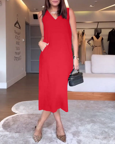 Casual Solid Color Sleeveless V-Neck Dress with Slit