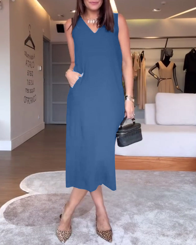 Casual Solid Color Sleeveless V-Neck Dress with Slit