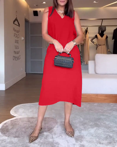 Casual Solid Color Sleeveless V-Neck Dress with Slit