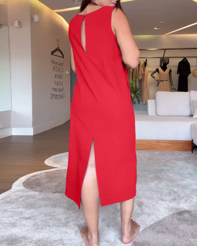 Casual Solid Color Sleeveless V-Neck Dress with Slit