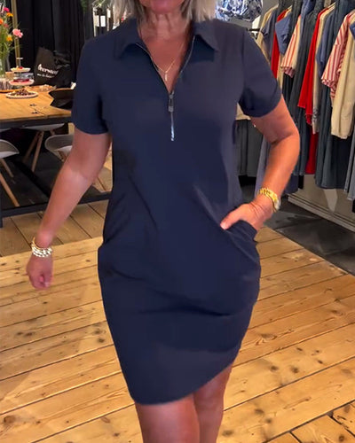 Zipper Dress with Leaf-Shaped Collar