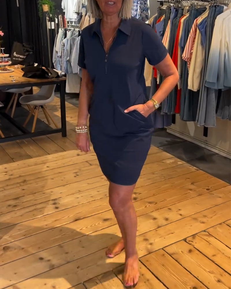 Zipper Dress with Leaf-Shaped Collar