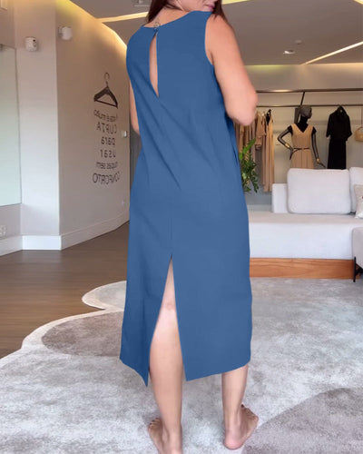 Casual Solid Color Sleeveless V-Neck Dress with Slit