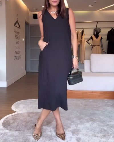 Casual Solid Color Sleeveless V-Neck Dress with Slit