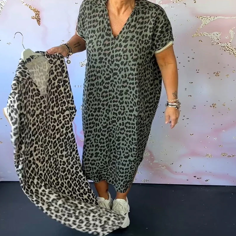 Short Sleeve Dress with V-Neck and Leopard Pattern