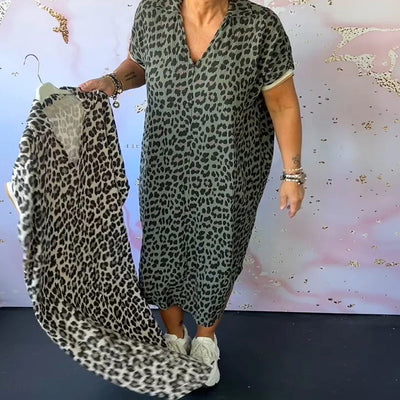 Short Sleeve Dress with V-Neck and Leopard Pattern