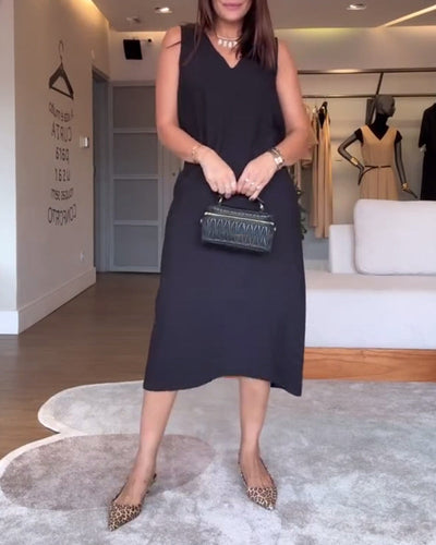 Casual Solid Color Sleeveless V-Neck Dress with Slit