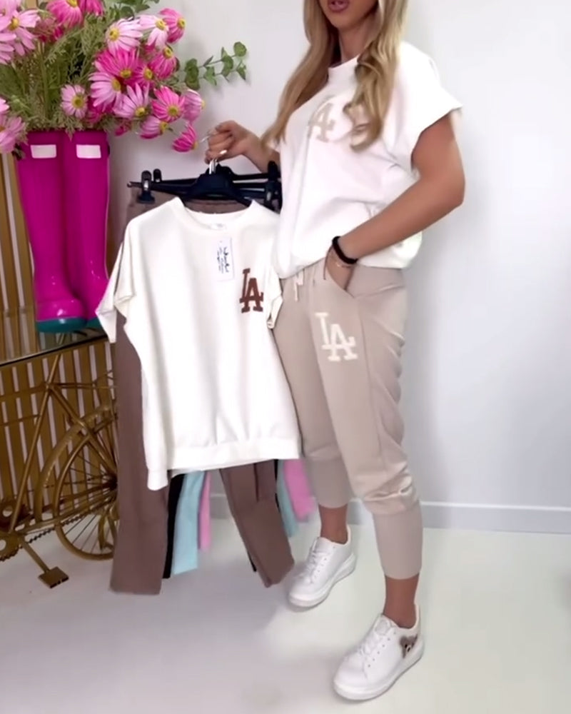 Sporty Letter Print Slim Pants Set
