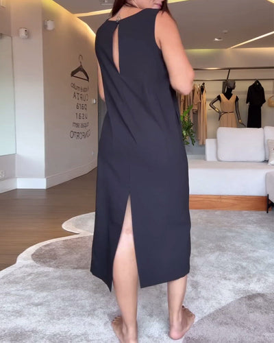 Casual Solid Color Sleeveless V-Neck Dress with Slit
